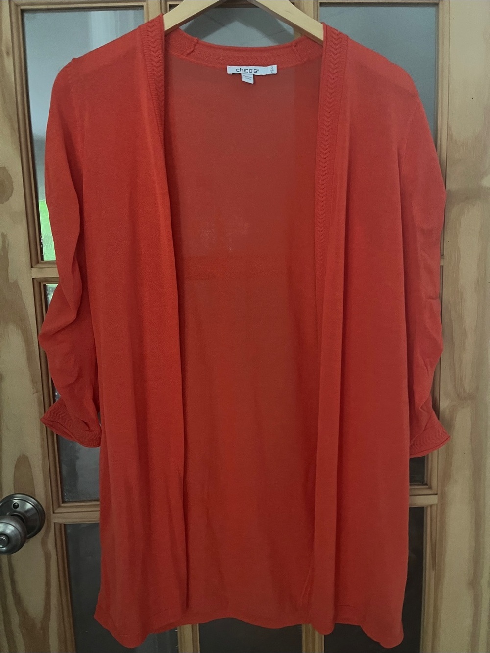 Chicos Orange ruched Sleeve Long oversized lightweight Cardigan Sz 0 = small